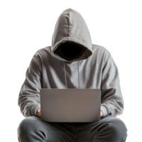 Hooded hacker works on laptop in a secure setting on a white background, Hooded Hacker with Laptop on white background png