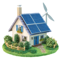 Ecofriendly home with solar panels and wind turbine for sustainable living, Ecofriendly home with solar panels and wind turbine isolated on Transparent background png