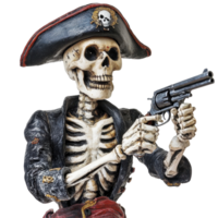 Skeleton dressed as a pirate holds a gun and strikes a whimsical pose in a playful setting, skeleton wearing a pirate hat and holding a gun, Transparent background png