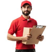 Delivery man holding a box and clipboard while wearing a red uniform on a Transparent background, Delivery man with box and clipboard isolated on background png