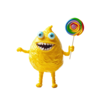 Cheerful yellow monster joyfully holds a colorful lollipop in a bright setting, yellow monster holding a lollipop and a lollipop Transparent background png