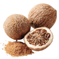 Dry nutmeg pods and ground spice on Transparent background ideal for culinary uses and aromatic applications, dry nutmeg on background png