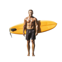 Surfer holds bright yellow surfboard while standing confidently against a clean Transparent background, Surfer holding a surfboard isolated in background png