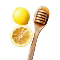 Fresh lemon with a wooden honey dipper beside the halved lemon on a neutral background, lemon and wooden honey dipperisolated on Transparent background png