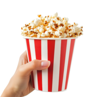 Joyful moviegoer enjoys fresh popcorn during an exciting film experience at the cinema, The Joyful Moviegoer Indulging in Delicious Popcorn from a Vibrant Red and White Striped Cup png