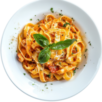 Delicious Italian pasta dish presented elegantly on a white plate with fresh basil garnish, Tasty Italian pasta noodles dish in a white plate, Transparent background png