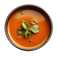 Delicious bowl of tomato soup garnished with fresh herbs on a Transparent background, view a delicious soup bowl on background png
