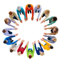 People connecting in a circle with hands together during a collaborative activity, Top View People in Circle with Their Hands Together, Transparent background png