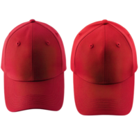 Red baseball caps displayed from front and side views on a clean Transparent background highlighting their design and color, Red Baseball Caps Front and Side View on background png