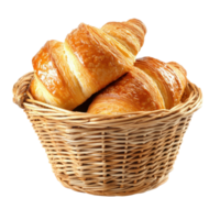 Delicious croissants nestled in a woven basket against a clean Transparent background, Croissant in basketisolated on background png