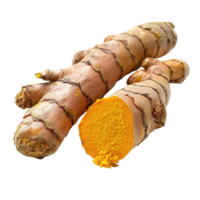 Fresh turmeric root displaying vibrant orange interior on a transparent background, turmeric on transparent png