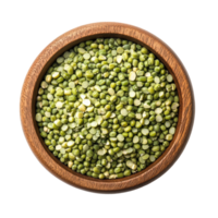 Peeled split mung beans in a wooden bowl on a Transparent background showcasing vibrant green color and texture, Peeled split mung beans in wood bowl isolated on background png