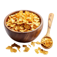 Corn flakes in a wooden bowl with a spoon on a Transparent background, corn flakes in wood bowl and spoonisolated on background png