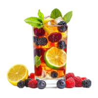 Refreshing summer drinks featuring ice, fresh berries, lemon, and lime for a vibrant taste experience, Summer drinks with ice, fresh berries, lemon and lime isolated on white, Transparent background png