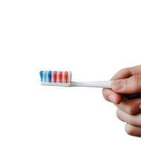 Person holds a toothbrush with colorful bristles and toothpaste in modern bathroom setting, person holding a toothbrush with toothpaste on it, Transparent background png