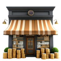 Charming storefront adorned with stacks of coins showcases unique design and inviting atmosphere, Charming Storefront with Coin Stacks on white background Small Business Revenue Concept png