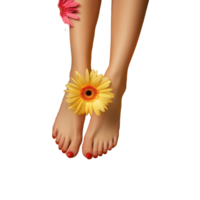 Multicolored gerberas and palm leaves create a vibrant tropical display with relaxed feet on yellow backdrop, Multi colored gerberas on legs and palm leaves Isolate png