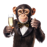 Funny monkey dressed in a tuxedo holds champagne glass while celebrating in a bright setting, Funny monkey with a champagne glass on white background New Year Celebration Concept, white background png