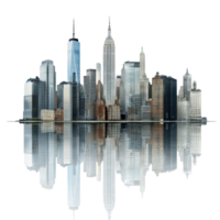 Majestic skyline view of towering buildings reflecting in calm waters during twilight, Impressive View a Majestic City Skyline With Towering Buildings, white background png