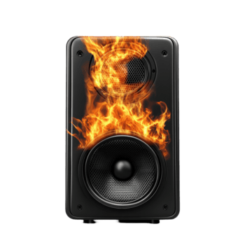 nero altoparlante con fiamme la creazione di un' dinamico visivo contro un' bianca sfondo, nero altoparlante con fiamme su esso png