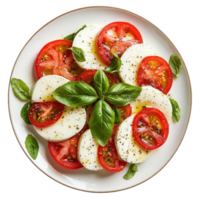 Delicious caprese salad with fresh mozzarella, tomatoes, and basil on white background, Classic Caprese Salad Delight On white background png