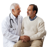 Mature doctor consulting with patient in a clinical setting on a Transparent background, Portrait a Mature Doctor with Patient, background png