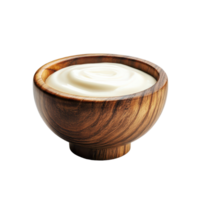 Creamy yogurt served in a handcrafted wood bowl on a Transparent background for a fresh and healthy snack, wood bowl of yogurt isolated on background png