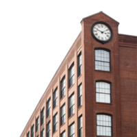 Brick building featuring a clock on the top, showcasing architectural design in an urban setting, large brick building with a clock on the top it, Transparent background png