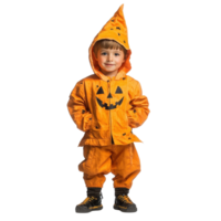 Boy in orange Halloween costume with pumpkin design posing against a white background, boy in halloween costume on white background png