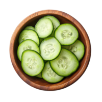 Fresh cucumber slices in a wooden bowl perfect for salads and garnishes on a white background, Fresh cucumber slices in wood bowl isolated on white background png