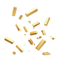 Flying gold bars cascading down against a clean white background creates an illusion of wealth and abundance, Flying falling gold bars isolated on white background png