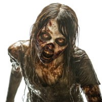 Terrifying female zombie emerges from the shadows on a stark Transparent background, Terrifying Female Zombie background png