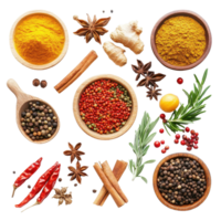 Colorful collection of various spices and herbs displayed on a Transparent background featuring unique shapes and textures, Various colorful spices and herbs isolated on white png