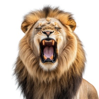 Majestic lion roaring with mouth wide open against a clean Transparent background, close up a lion with its mouth open, background png