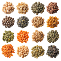 Diverse lentil varieties displayed on a Transparent background showcasing their color and shape, Lentils isolated on background png