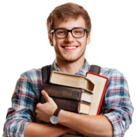 Happy smiling college student holding books in a casual setting, Happy smiling college student with books, isolated png
