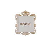 Elegant sign indicating room adorned with ornate picture frame on a decorative wall, sign that says room with a picture frame in the middle, Transparent background png