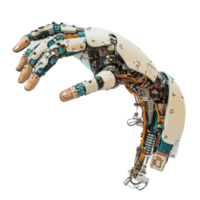 Mechanical arm showcasing advanced circuitry against a clean white backdrop, Mechanical arm and circuit core Transparent background png