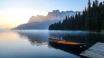Serene morning at a tranquil lake with a canoe, surrounded by misty mountains and pine trees photo