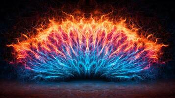 Vibrant Abstract Flames in Red and Blue Forming a Symmetrical Pattern Against a Dark Background photo