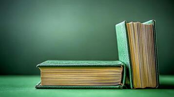 Two vintage green books resting on a textured surface with a soft green background photo