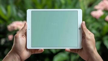 Person holding a tablet in a lush garden with blooming flowers and greenery in the background photo