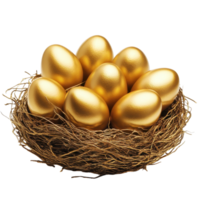 Golden eggs nestled in a natural nest isolated on a white background for a striking visual contrast, Golden eggs in a nest isolated on white background png