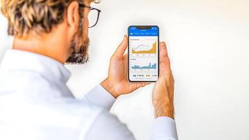 Man analyzing financial data on smartphone against a neutral background, showcasing trends photo