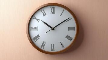 Classic wall clock with Roman numerals displaying time against a textured pink wall background photo