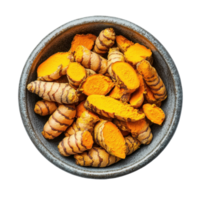 Turmeric roots and slices in a bowl isolated on a Transparent background showcasing vibrant colors and textures, Turmeric powder in a bowl isolated on background png