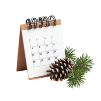 Desk calendar for December displayed with pine cones and evergreen branches isolated on a Transparent background, table calendar 2025 december isolated on White background png