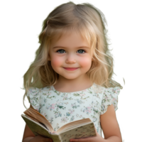 Little girl with a pretty smile holding a book in a lush green setting during a sunny day, Pretty smile little girl hold a book png