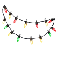 Colorful string of Christmas lights illuminated against a white background, Christmas lights string isolated on white background png