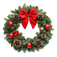 Beautiful Christmas wreath with fir tree, cones, and red ornaments for festive decor, Christmas wreath made fir tree and cones with red bow and shiny balls isolated on white background. png